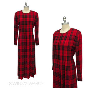 Vintage 90s Red Plaid Maxi Dress Size M Tie Back Grunge Tartan Pleated